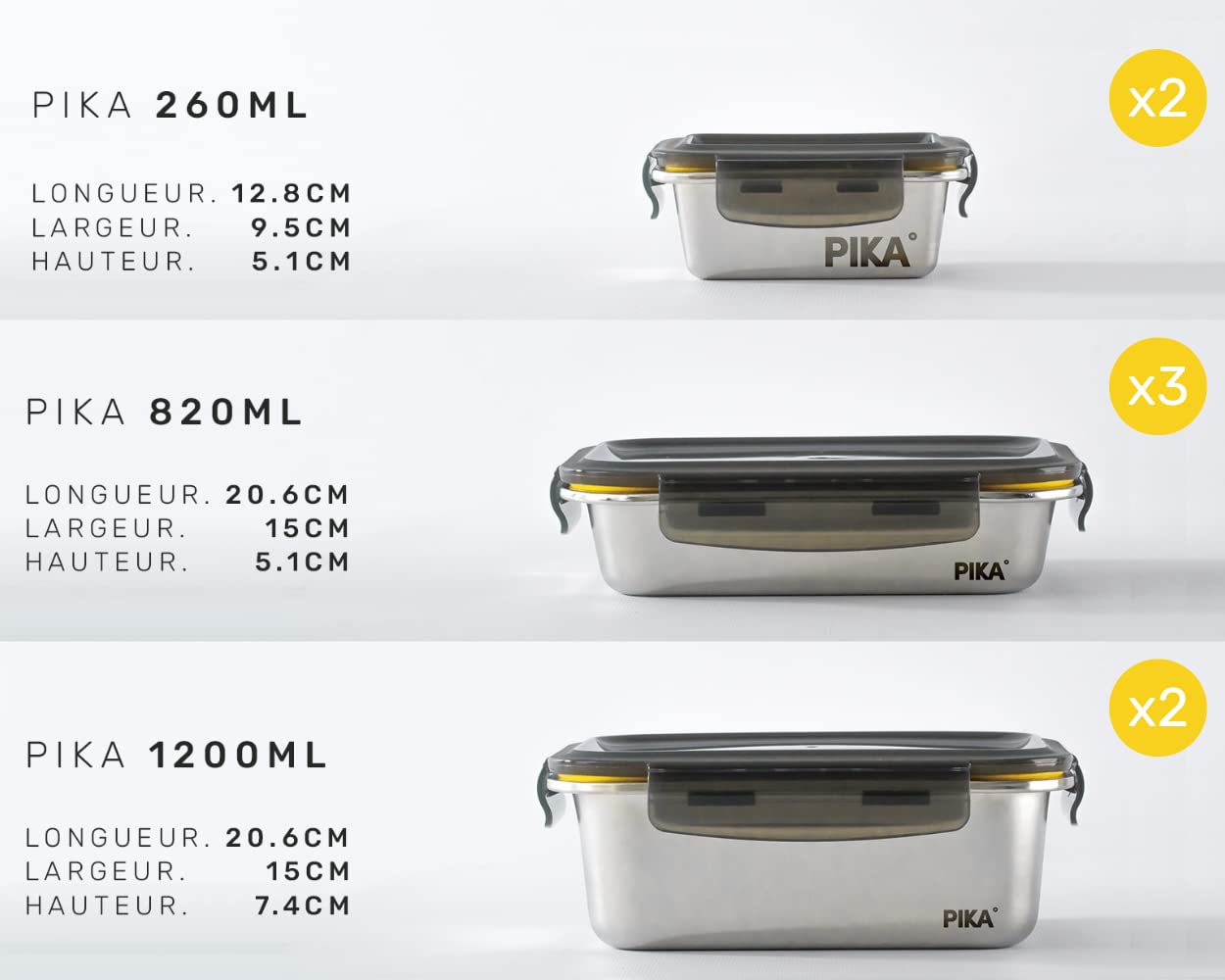 Pika - Lot de 7 boites alimentaires en inox - 3x 820ml + 2x 1200ml + 2x 260ml – Hermétique - Compatible au micro-ondes, four, congélateur - Batch cooking.