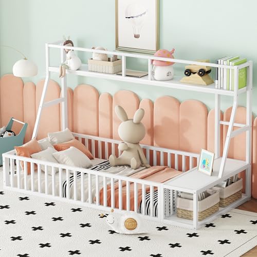 ROISDIYI Twin Size Floor Bed Frame with Safety Fence, Metal Floor Bed with Desk and Storage Shelves, Playhouse for Kids (White, Twin)