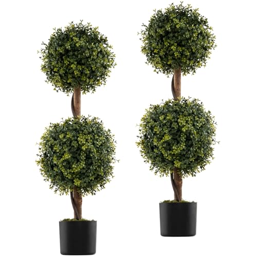 TANGZON Artificial Topiary Boxwood Tree, Fake Ball Shaped Plant with 2 Balls, Cement Base & Trunk, Indoor Outdoor Decorative Evergreen Plant for Home Living Room Garden Porch Hallway (2, 90cm)