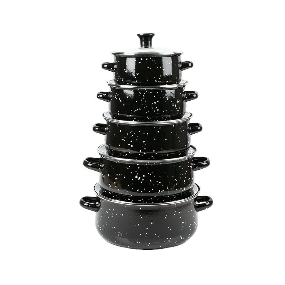 Herzberg HG04128, Juego de 10 Piezas de Ollas y Cazuelas con Tapas de Vidrio, Esmalte Negro, Mangos Cómodos, Tamaños Versátiles (16-24CM), Durabilidad Superior, Fácil de Limpiar