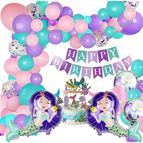 Mermaid Party Decoration with Happy Birthday Banner, foil Balloons, Balloon and Cake Topper for Birthday Theme Cover