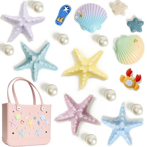 BXGQCSD 19pcs Starfish Shells & Pearls charm for Bogg Bag Accessories Compatible with Simply Southern Beach Totes Decorative Insert for Rubber Beach Bag with Holes Decoration Charms for Girls Women