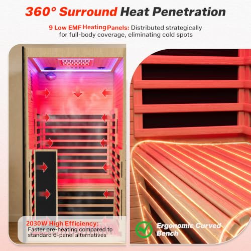 Image of 2 Person Low EMF Infrared Sauna with 9 Heating Panels for Home | 12 inch*12 inch Red Light Therapy, 120V - 2030W Indoor Dry Sauna, Bluetooth Speakers & Ambient Lighting, Canadian Hemlock