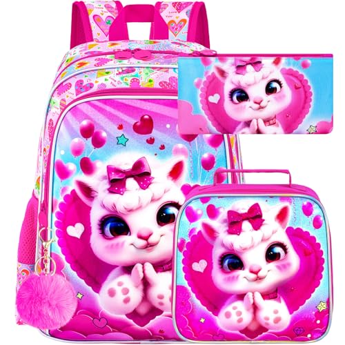 HPJGD 3PCS Girls Alpaca Bookbag, Water Resistant Kids Backpack Set with Lunch Box, Cute School Bag for Preschool Toddler - Heart Alpaca