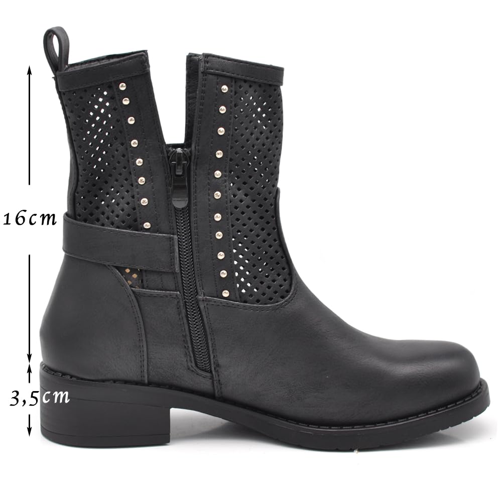 IF Botas de motorista para mujer, perforadas con hebillas para primavera, verano, piel sintética, efecto vaquero, GR-6656