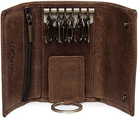 BestFire Slim Compact Leather Key Holder Wallet Pouch Retro Genuine Leather Handmade Three-Fold Keychain Key Case Bag Leather Car Key Case with 6 Hooks & 1 Car Key Hook Men Women (Brown)