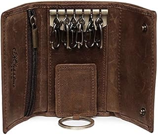 BestFire Slim Compact Leather Key Holder Wallet Pouch Retro Genuine Leather Handmade Three-Fold Keychain Key Case Bag Leather Car Key Case with 6 Hooks & 1 Car Key Hook Men Women (Brown)
