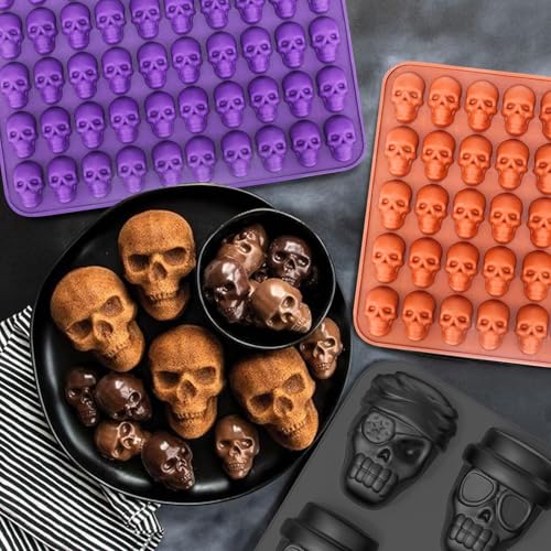 Image of Mini Skull Molds Silicone Halloween for Candy Gummy Chocolate, 200 Cavity 4 pcs Small Head Shapes Freezing Tray Party Wax Melts DIY Moulds BPA Free Treat or Trick Kids Oven Safe