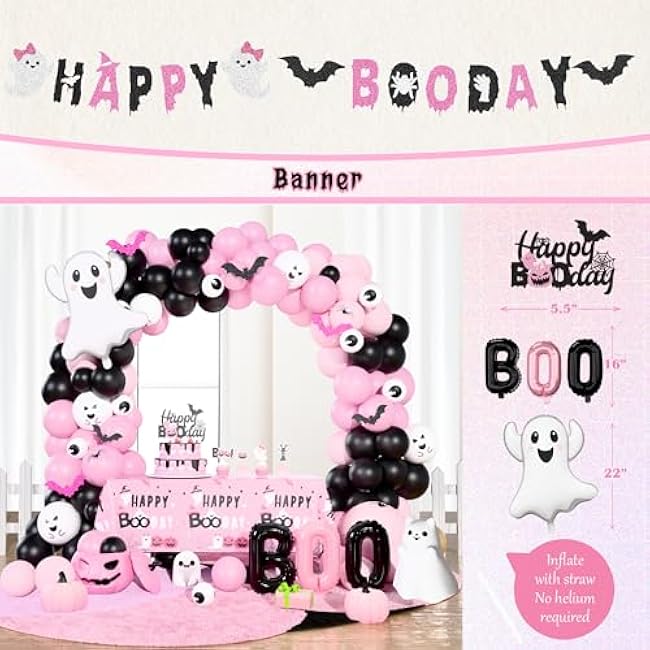 Pink Happy Boo Day Party Decorations, Halloween Birthday Party Decorations Girls, Happy Spooky Booday Balloon Garland Backdrop Ghost Spider Web Banner Topper Bat for Halloween Boo Party Supplies Girl