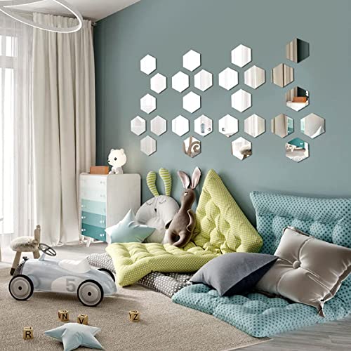 36 Pieces Hexagon Mirror Wall Decor For Room, Acrylic Mirrors For Wall, Removable Mirror Wall Stickers For Bedroom, Decorative Silver Sticky Wall Decals. Hexagonal Wall Decal Decoration. #TOP7