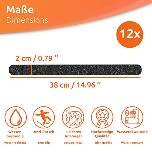 ECENCE Anti-Rutsch Streifen Aufkleber für Dusche & Badewanne, Schwarz, Selbstklebend & rutschfest 12er Set Antirutschmatte Badewanne, Anti Rutsch Pads Dusche