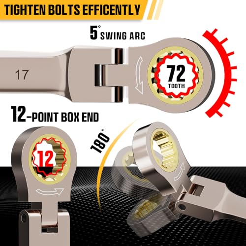 GRENPRO Flex Head Ratcheting Wrench Set Metric and Standard 9PCS 9-17mm, Combination Wrench Sets, Open End Socket Ratchet Wrenches Set Roll Organizer With Gauge, 72 Tooth Nickel Plating Mechanics Tool