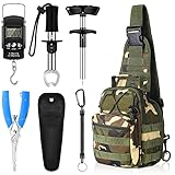 Hungdao 7 Pcs Fish Hook Remover Tools Kit Fishing Backpack Digital Fish Scale Fish Gripper Fishing Pliers Sheath Fishing Tool Lanyards Fish Hook Separator for Outdoor Fishing (Green,Camo Style)