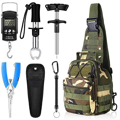 Hungdao 7 Pcs Fish Hook Remover Tools Kit Fishing Backpack Digital Fish Scale Fish Gripper Fishing Pliers Sheath Fishing Tool Lanyards Fish Hook Separator For Saltwater Freshwater (Green, Camo Style) #TOP21