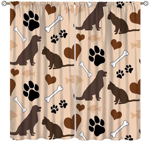 Cat and Dog Paw Print Curtains, Cartoon Brown Cute Pets Animal Love Paw Print Bone Little Fish Blackout Window Treatments, Thermally Insulated Rod Pocket Drapes for Pet Room Bedroom Kennel 55x63in