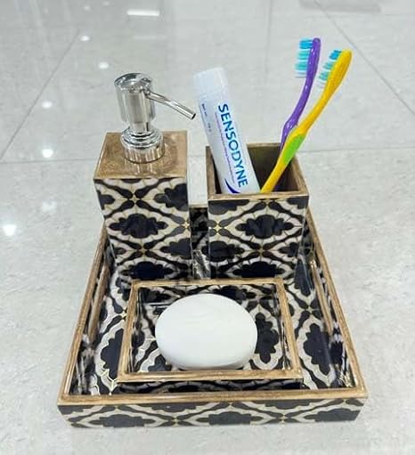 MDF Waterproof Bathroom Accessories Set of 4. Wooden, Acrylic Bathroom Set (Pack of 4) Bamboo Eco-Conscious Bathroom Vanity Organizer Set Kitchen Home Over The Sink, Soap Dish, Soap Dispenser, Toothp