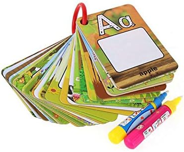 Water Reveal Word Cards Water Drawing Doodle Card Book Paint with Water Reusable No Chemicals No Mess Doodle Pad Word Flash Cards Educational Toy for Kids,2 Magic Pen Included,26 Pieces Cards,Gift Box