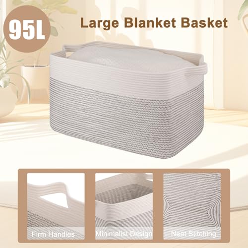 Image of OIAHOMY Extra Large Blanket Basket, 95L Cotton Rope Woven Laundry Basket, Toy Bin for Baby Room, Container for Blanket Storage in Living Room, 24''x17''x14'', Black & White