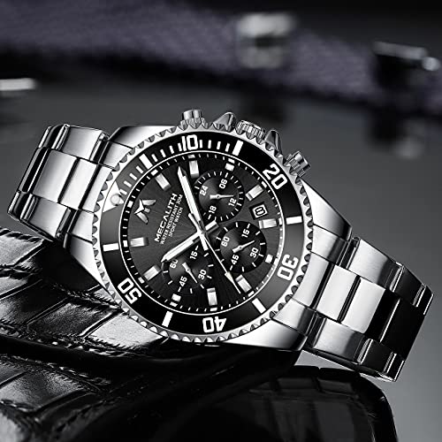 MEGALITH Mens Watches Chronograph Stainless Steel Watches for Men Waterproof Designer Mens Wrist Watches Dress Luminous Date Quartz Watch, Gifts for Men