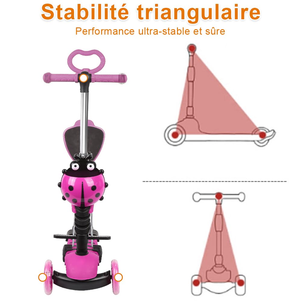OHMG Monopattino triciclo per bambini 3+ anni, scooter equilibrio, monopattino antiscivolo, monopattino regolabile per ragazza/ragazzo, carico 30 kg, ruote a LED, regolabile in altezza