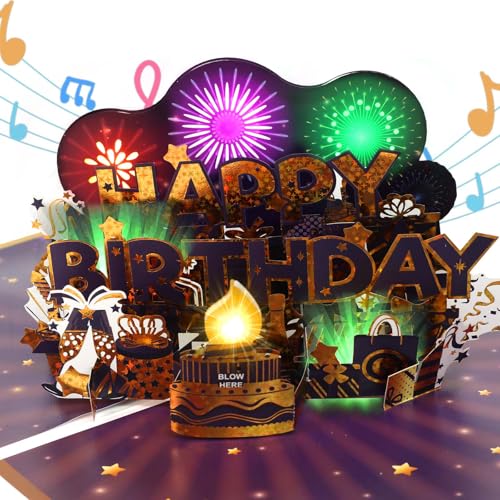Geburtstagskarte Musik & Feuerwerk & ausblasbare Kerze Geburtstagskarten 3D Happy Birthday Pop Up Geburtstagskarte Grußkarte für Mann Frauen Männer Ehemann Ehefrau Jungen Mädchen Kinder