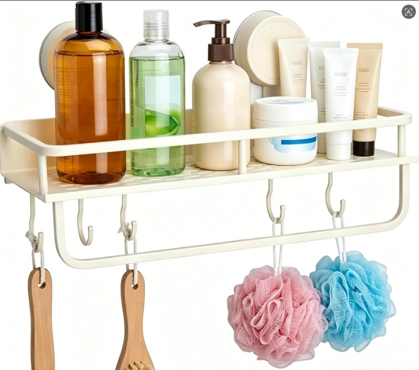 GZRXIOU Estantería Ducha Sin Taladro Ventosa Fuerte, Estante Baño Ventosas de Aluminio Blanco Desmontable con Ganchos, Gran Capacidad Impermeable Antióxido, Organizador Baño Champú, Gel y Accesorios