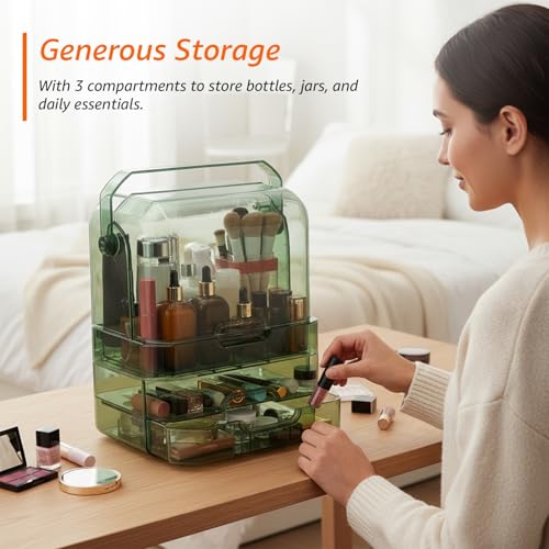 Image of Amazon Basics Glossy PET Cosmetic Storage Organizer | 26.5 x 17.5 x 35 cm | 3 Compartments | Waterproof & Dustproof Lid | Green