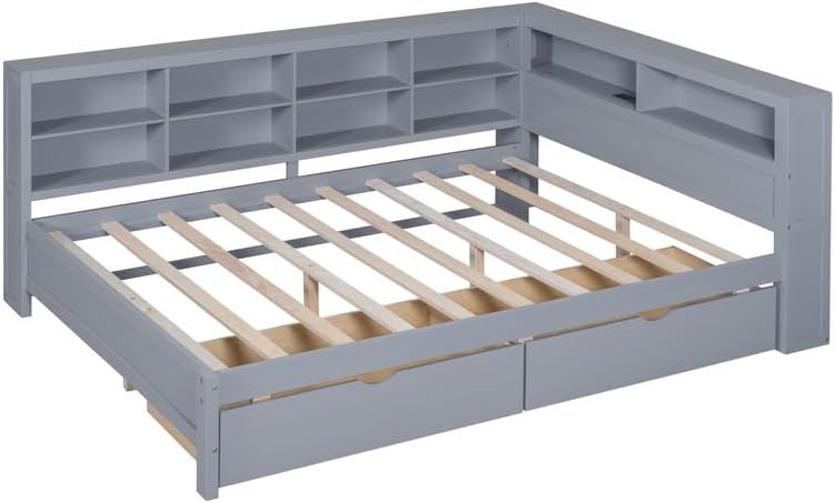 Full Size Daybed with 2 Drawers, Multi-Functional Bed Daybed Frame with L-Shaped Storage Shelf and USB Charging Ports, Full Corner Bed Frame No Box Spring Needed, Grey