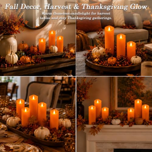 Image of Homemory Orange Halloween Flameless Candles, Remote Timer, 9 Pack | Battery operated LED pillar candles, remote timer, Halloween candles, fall decor, harvest, Thanksgiving, mantel, lanterns