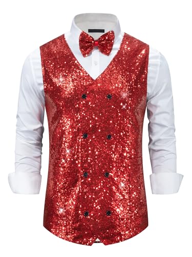 Lars Amadeus Sequin Vest for Men's Double-Breasted Party Disco Nightclub Sleeveless Sparkly Suit Waistcoat