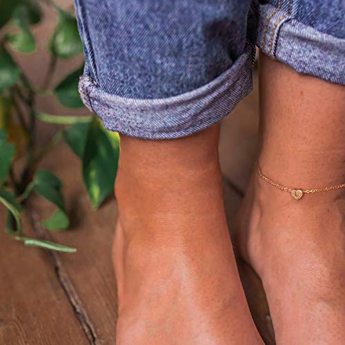 Guemer Gold Initial Anklet For Women Tiny Heart Charm Sideways Letter E Engraved 14K Gold Plated Dainty Chain Minimalist Personalized Beach Jewelry Gift #TOP1