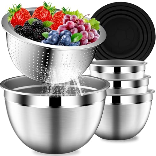 DUTZUN Mixing Bowls with Lids Set, Stainless Steel Mixing Bowls with Colander, Strainer with Mixing Bowl Set, Kitchen Gadgets Bowl Christams Gift, Size 4.5, 2.5, 2, 1.5QT - Black