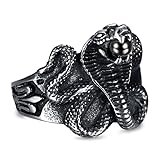BOBIJOO Jewelry - Chevalière Bague Serpent Cobra Pierre Orbe Noire Fleur de Lys Acier INOX 316L - 66 (11 US), Acier Inoxydable 316
