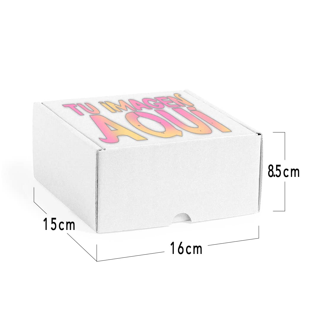 Pack 25 Cajas de Cartón Blanco Personalizadas – Logo o Frase en la Tapa - Fácil de Montar – La Mejor Forma de Enviar Productos o Presentar Regalos de Empresa, Navidad, Eventos, 16x15x8,5cm