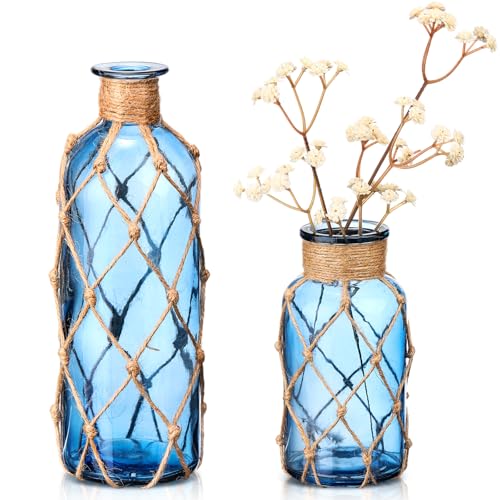 Image of Chuangdi Set of 2 Coastal Glass Flower Vase with Boho Rope, Navy Blue | Coastal Vase, Small Sea Glass Jar, Nautical Beach Bottle for Wedding Table Centerpieces Floral Arrangement Decor
