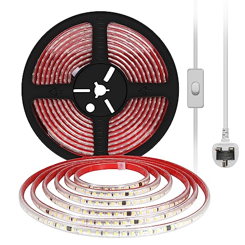 pcningled SMD 2835 Super Bright Adhesive LED Strip Lights 230V 2M (6.56ft) with Switch and UK Plug 2 Meter Outdoor Indoor Sticky LED Strips IP67 Waterproof 4000K (2, White)