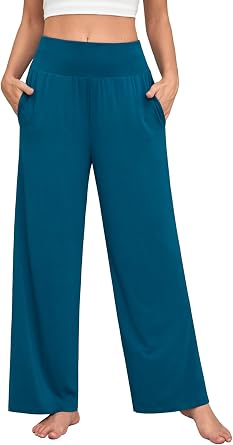 Womens Casual Soft Comfy Drape Flowy Lounge Pants Elastic High Waisted Palazzo Pajama Bottoms with Pockets
