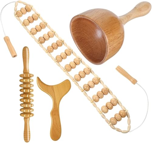 Healifty Herramientas de masaje WoodTherapy 4 en 1, masajeador de drenaje linfático, kit de maderoterapia corporal, gua sha corporal, rodillo,