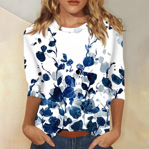 HTHLVMD Womens 3/4 Length Sleeve Tops 2025 Fall Fashion Floral Print Crewneck Causal Trendy Tunic Tops for Women