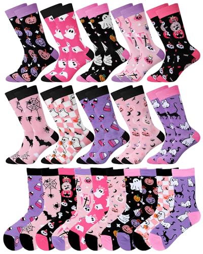 Patelai 10 Pairs Pink Halloween Socks for Women Girls Novelty Ghost Pumpkins Bats Cotton Crew Socks for Aesthetic Halloween Costume Cosplay Party Gift Favors