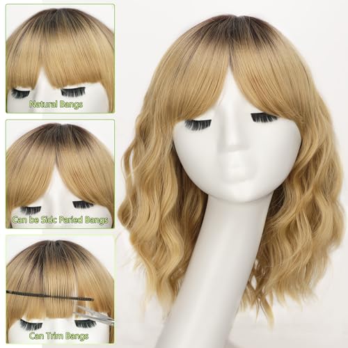 Image of AISI HAIR Curly Bob Wig with Bangs Short Wavy Golden Blonde with Darker Roots Wigs for Women Bob Style Synthetic Heat Resistant Bob Wigs