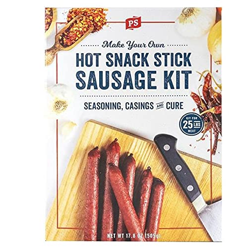 PS Seasoning Hot Snack Stick Kit - Includes Spicy Sausage Seasoning Mix, Maple Cure, and Collagen Casings for up to 25 lbs of Meat - Easy to Use Sausage Making Kit For Pork, Beef, Venison, Wild Game