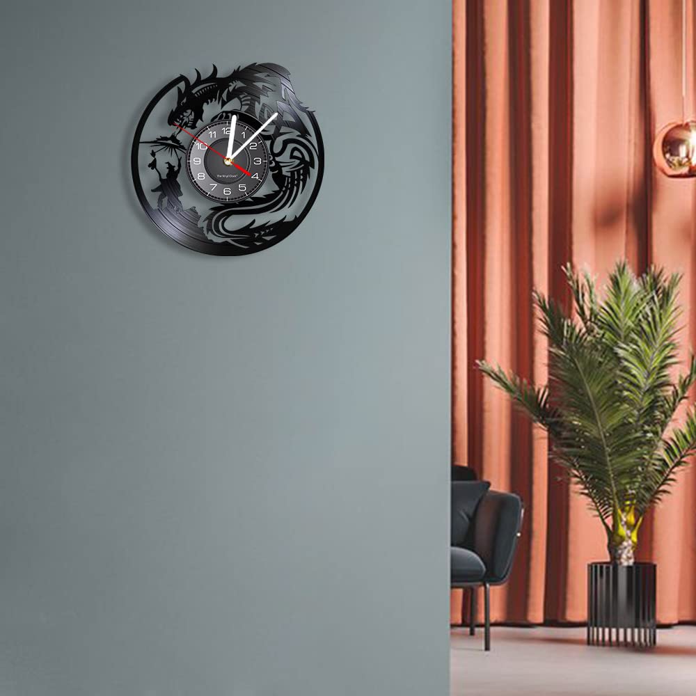 Horloge murale en vinyle avec motif dragon volant dans le ciel et télécommande LED pour les amateurs d'anime