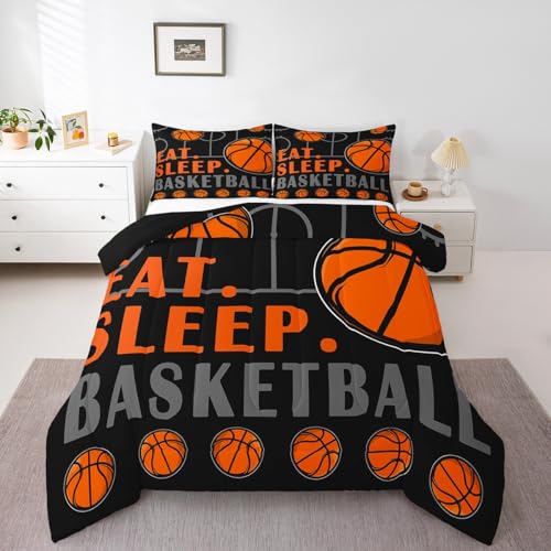 Basketball Toddler Comforter Set - Sports Bedding for Boys, Teen Sport Game Ball Theme Down Comforter, Basketball Decor for Kids Bedroom, 2 Pcs Black Orange
