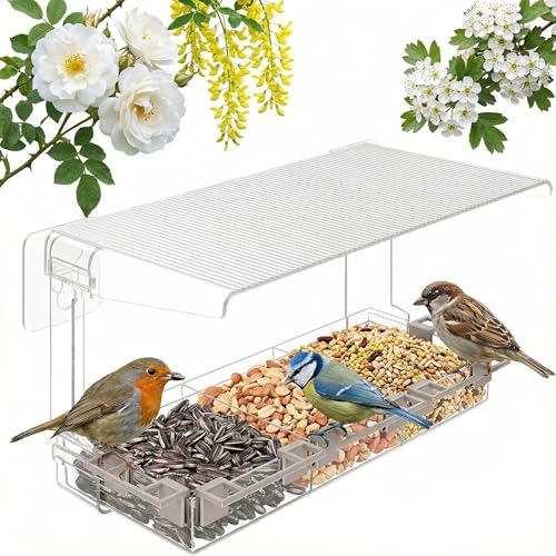 Window Bird Feeder with Clear Acrylic Construction - Three Compartments 5 Perches Self-Adhesive Hooks Detachable Seed Tray Drainage Holes Easy Installation for Outdoor Garden