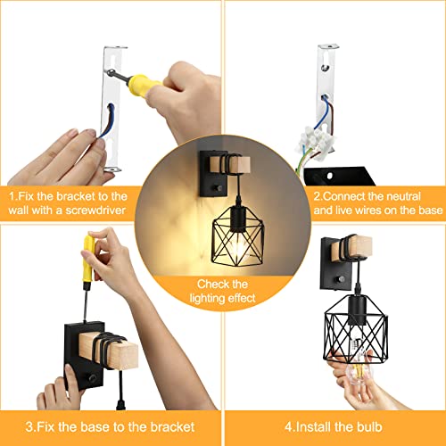 Lightess Vintage wandlamp voor binnen, dimbaar, zwart, industriële retro lamp van metaal en hout, E27 met schakelaar… - Afbeelding 7