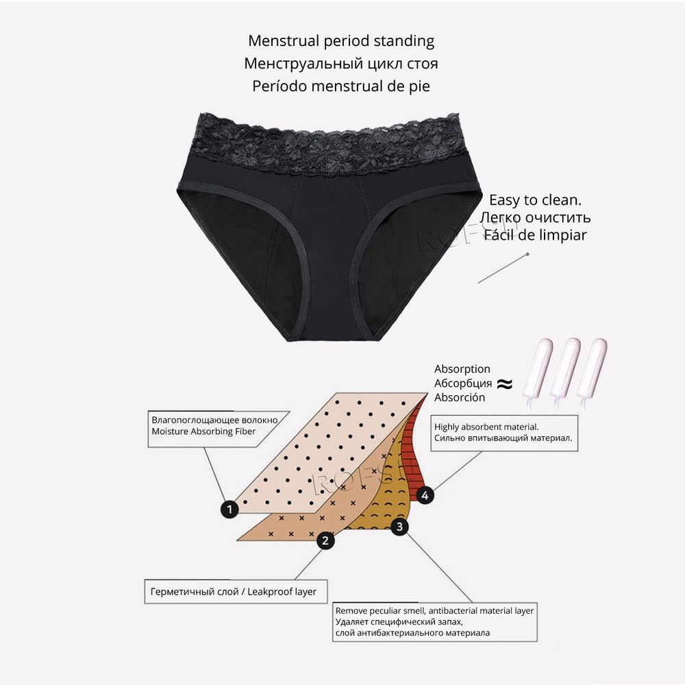 Bragas Menstruales para Mujer Ropa Interior Sexy Con Encaje Y Ribetes Bragas Menstruales Con Flujo abundante a Prueba de Fugas Paquete de 5 Negro M