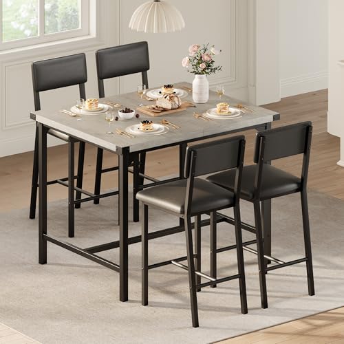 GarveeHome Dining Table Set for 4 W/Footrest & Backrest, Counter Height Table with 4 Upholstered Bar Stools, Kitchen Table Set with Corner Protector, for Small Space, Retro Gray