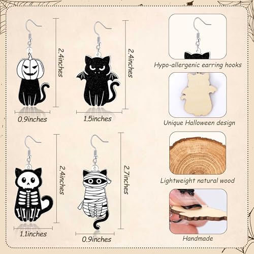Halloween Earrings for Women, Halloween Jewelry for Women, Funny Halloweens Gifts for Woman, Cute Wooden Cat Ghost Skeleton Earrings for Woman Her Sister Friend Gifts4