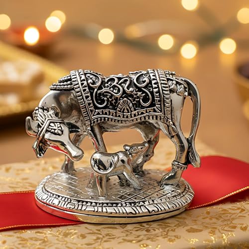 Image of 999 Pure Silver Plated Kamdhenu Cow with Calf Idol | Auspicious Vastu Home Decor for Pooja Room & Mandir | Symbol of Prosperity & Abundance | Religious Gift Showpiece